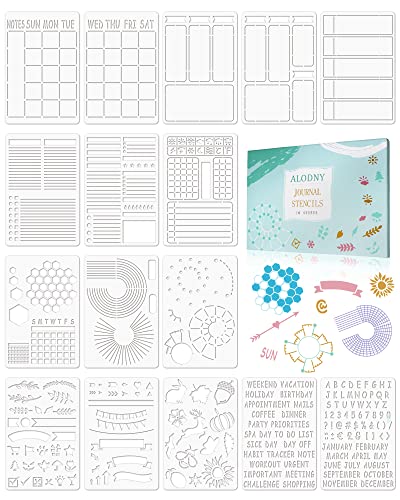 ALODNY 16 Pcs Journal Stencils Set - Time Saving Bullet Journaling Supplies/Accessories Kit -Ultimate Productivity Planner Stencil for Bullet Journal Stencils A5 Dotted Journals | Time Saving Bullet Journal Supplies Kit-Back to School Supplies Planner Ste