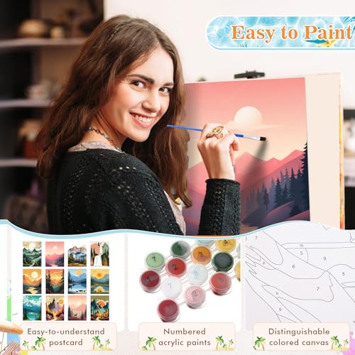 Humyoun 12 Pack 9 x 12 Inch Paint by Numbers Kit for Adults Beginners DIY Acrylic Oil Painting Paint by Number Kits Drawing Paintwork on Canvas Without Frame for Home Decor(Mountain Style) - style: Mountain Style