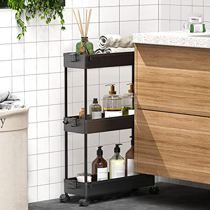 SPACEKEEPER Slim Rolling Storage Cart, 3 Tier Bathroom Storage Organizer Laundry Room Utility Cart Mobile Shelving Unit, Multi-Purpose for Kitchen Office Bathroom Laundry Narrow Places, Black | Narrow Rolling Cart with Wheels for Kitchen Office Bathroom L