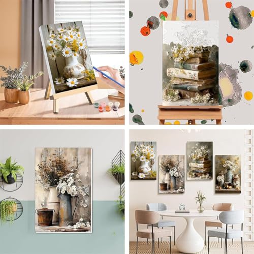 4 Pack Flower Paint by Numbers for Adults with Framed Canvas - Wooden Easel - color: BKH2107+BKH2108+BKH2109+BKH2110