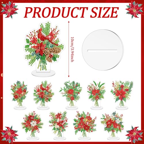 Kosiz 9 Pcs Christmas Poinsettia Flower Diamond Painting Tabletop Decorations Christmas Diamond Art Kits for Adults Double Sided Acrylic Table Centerpieces for DIY Crafts Home Party Decor Xmas Gifts - style: Christmas Flower