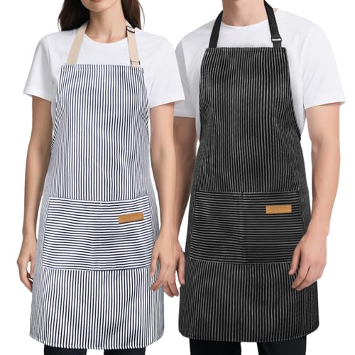 Cardkiss 2 Pack Kitchen Cooking Aprons, Soft Aprons for Women Men with 2 Pockets Chef Apron with Adjustable Neck Strap and Long Tie - color: Black/Blue