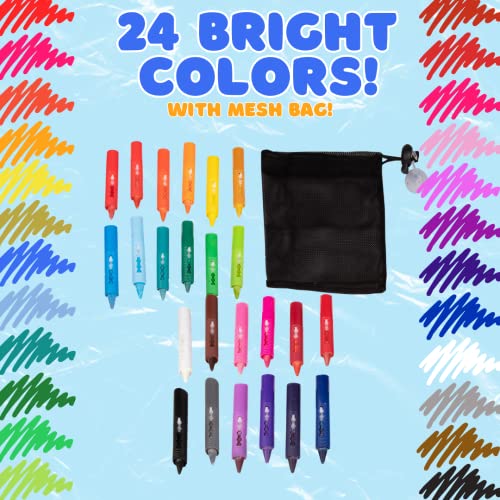 SCS Direct Bath Crayons Super Set – 24 Pack Water Crayons for Toddlers & Kids – Non-Toxic Bathtub Drawing Toys with Mesh Storage Bag – Summer Water Table, Pool & Bath Time Activity – Creative Gift