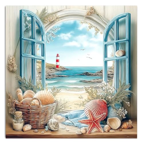 HITO Beach Landscape Diamond Painting Kits for Adults 14x14 Inch | Lighthouse Landscape Diamond Art Kits for Adults, Gem Art Kits for Adult for Gift Home Wall Decor - color: Sea view