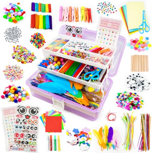 SMILESSKIDDO Craft Supplies for Kids, 1100+ PCS Crafts with Storage Box | Portable 3 Layer Folding Storage Box, Arts and Crafts for Kids, DIY Craft Kits, Birthday Gifts for Girls Ages 4-12 - color: Purple