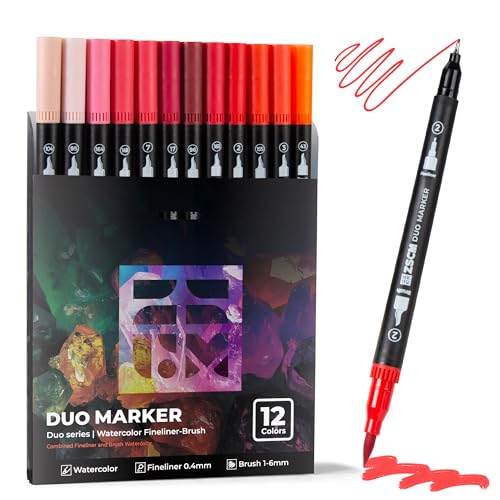 Red Duo Tip Marker Pens, 12 Fine & Brush Tip Pen For Adult Coloring Books | No Bleeding Vibrant Red Markers, Drawing Pen for Holiday Cards, Bold Lettering, Attention-Grabbing Highlights and Logos - color: 12 Red