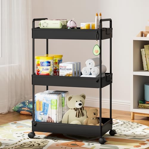 Ronlap 3 Tier Slim Rolling Storage Cart with Wheels Utility Organizer,Black | For bathroom, laundry, kitchen, bedside & dorm. Fits art, craft, snack, makeup, nail, diaper & postpartum baby supplies - color: Black