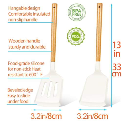 KLAQQED 2Pcs Silicone Spatula Set Turner Heat Resistant for Nonstick Cookware Rubber Wok Turner with Wood Handle, Plastic Spatula Silicone for Cooking Use Kitchen Utensils Set White - color: White
