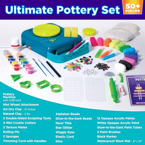 Faber-Castell Neon Glow Pottery Studio: Create Your Own Pottery Designs with USB-Powered Pottery Wheel, Air Dry Clay, Neon & Glow in The Dark Paints, Tools & 50+ Craft Supplies for Kids (Ages 8+) - size: Deluxe Starter Bundle