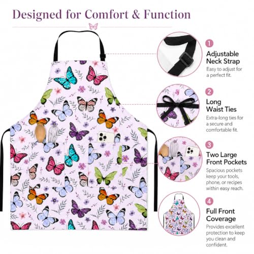 Butterflies Apron with 2 Pockets Adjustable Stain Resistant Kitchen Cooking Apron for Baking BBQ Grilling Grilling Painting Gardening - color: Butterflies