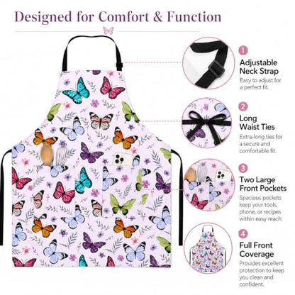 Butterflies Apron with 2 Pockets Adjustable Stain Resistant Kitchen Cooking Apron for Baking BBQ Grilling Grilling Painting Gardening - color: Butterflies