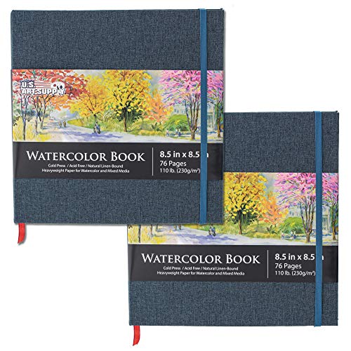 U.S. Art Supply 8.5" x 8.5" Watercolor Book (2 Pack, 76 Sheets Each) | 110lb (230 GSM) Linen-Bound Hardcover Artist Paper Pads - Acid-Free Cold-Pressed Watercolor Paper Pad Mixed Media - size: 8.5-x-8.5-inch