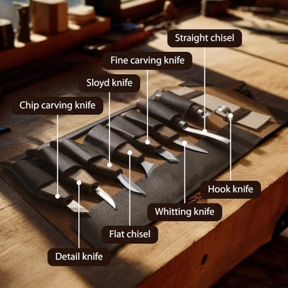 Complete Wood Carving Kit for Beginners - Gift Ready Complete Tools Set | Whittling Kit with 8 Wood Carving Knives, Spoon Carving Tools, Wood Blocks, Gloves, Roll Bag and Sharpening Strop