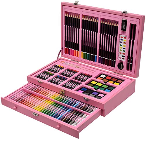 Sunnyglade 145 Piece Deluxe Art Set Wooden Art Box & Drawing Kit Pink - color: Pink