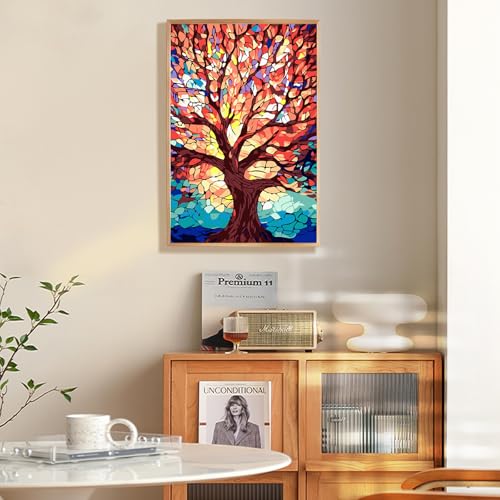 Fountor Framed Paint by Numbers Kit for Adults Beginner & Kids Ages 8-12, Tree of Life Paint by Number with Frame, Easy Acrylic Stained Glass Colorful Tree Painting by Numbers Kit on Canvas 8x12 inch - color: LKOPF002, size: 8x12 Inch