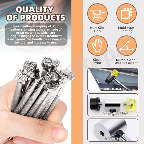 Wokape 23Pcs Leather Stamping Tools, Leather Stamping Kit Contains 20Pcs 4'' Different Special Shape Leather Carving Tools/Leather Punch Tools, 3Pcs 25mm Black/Yellow Rubber Hammer for Leather Working - color: N1