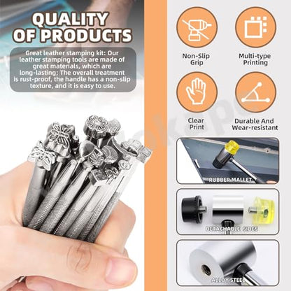 Wokape 23Pcs Leather Stamping Tools, Leather Stamping Kit Contains 20Pcs 4'' Different Special Shape Leather Carving Tools/Leather Punch Tools, 3Pcs 25mm Black/Yellow Rubber Hammer for Leather Working - color: N1