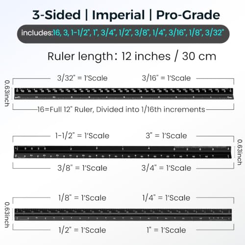 12 Inch Aluminum Architectural Scale Ruler, Aluminum Architect Ruler | Metal Ruler 12 Inch, Laser-Etched Markings, Clear Imperial Scale, Aluminum Body for Blueprints, Floor Plans and Drafting Work