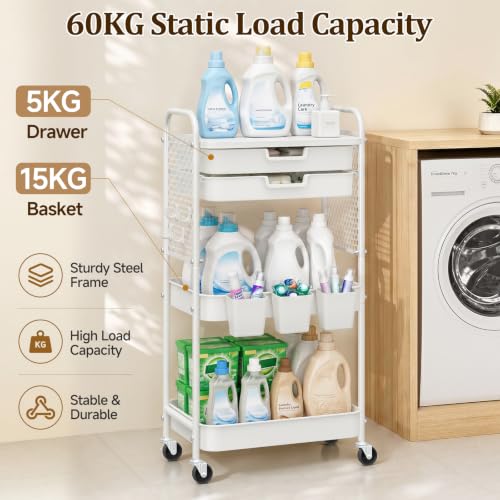 3 Tier Rolling Cart with 2 Drawers, Metal Utility Storage Carts with Wheels | Kitchen Rolling Cart 4.5" Deep Basket, Mesh Side Panel with 3 Cups, 4 Hooks for Office, Bedside, Craft Storage Cart - color: White