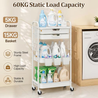 3 Tier Rolling Cart with 2 Drawers, Metal Utility Storage Carts with Wheels | Kitchen Rolling Cart 4.5" Deep Basket, Mesh Side Panel with 3 Cups, 4 Hooks for Office, Bedside, Craft Storage Cart - color: White