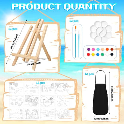 Motipuns 12 Set Beach Pre Drawn Canvas for Paint for Adults | 10 x 8 Inch, Sip and Paint Party Kit, Pre Printed Framed Canvas with Easels Paints Brushes Aprons, Party Adult Art Supplies - style: Beach