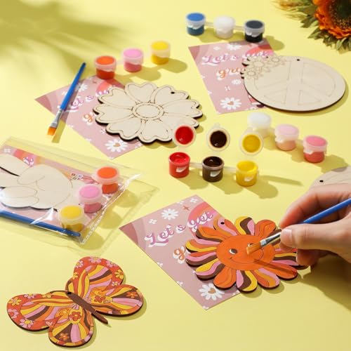 Saypacck 24 Pcs Groovy Boho Hippie Party Favors Wooden Paint Craft Kits | Retro Daisy Rainbow Decorations for Goodie Bags, Bulk Thank You Gifts with Organza Pouch, Boho Hippie Activities for Kids - style: Modern