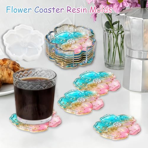 Panamalar Silicone Coaster Resin Molds, 5PCS Flower Coaster Molds with Holder Mold for Epoxy Resin, Coaster Tray Resin Casting Molds for DIY Art Craft Home Decoration Table Wine Cup Mat