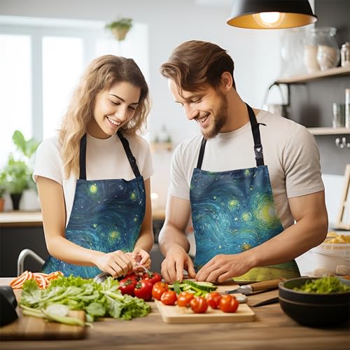 Fall Aprons Golden Sunflower Wheat Field Under Van Gogh Starry Night Apron with Pockets Adjustable Strap Autumn Kitchen Chef Apron Art Apron for Painting Crafting Cooking Barbecue Sewing - color: Fall Starry Night
