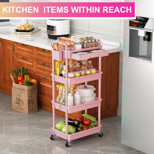 Goovilla 4 Tier Rolling Utility Cart Organizer with Removable Drawer, Pink | Stable and Sturdy Rolling Storage Carts with 2 Lockable Wheels for Bathroom, Kitchen, Snack, Craft, Makeup, Baby Essentials - size: 4 Tier, style: Pink