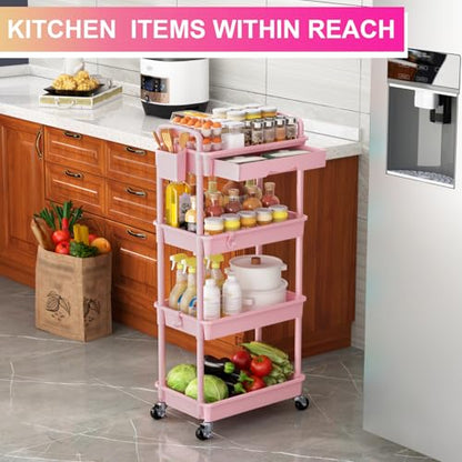 Goovilla 4 Tier Rolling Utility Cart Organizer with Removable Drawer, Pink | Stable and Sturdy Rolling Storage Carts with 2 Lockable Wheels for Bathroom, Kitchen, Snack, Craft, Makeup, Baby Essentials - size: 4 Tier, style: Pink