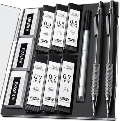 Four Candies 2PCS 0.5mm & 0.7 mm Metal Mechanical Pencils Set, 360PCS Lead Refills, 12 Erasers, Cool Lead Pencil with Case for School Writing, Sketching, Technical Work, Art Projects, Black | 360PCS HB Lead Refills, 3 Erasers, 9 Eraser Refills, for School
