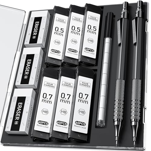 Four Candies 2PCS 0.5mm & 0.7 mm Metal Mechanical Pencils Set, 360PCS Lead Refills, 12 Erasers, Cool Lead Pencil with Case for School Writing, Sketching, Technical Work, Art Projects, Black - color: Black