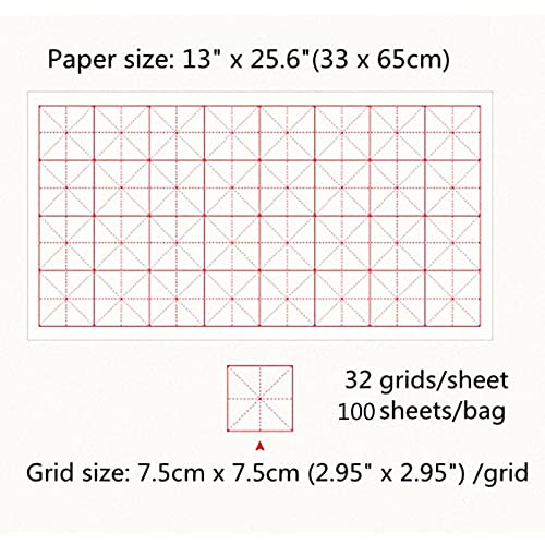 MEGREZ Grid Xuan Paper Chinese Sumi Calligraphy Writing Practice Rice Paper | 7.5cm grid, 100 sheets, half raw ripe xuan rice paper, good ink absorption, beginner student kanji calligraphy practice - size: 7.5 cm/Grid