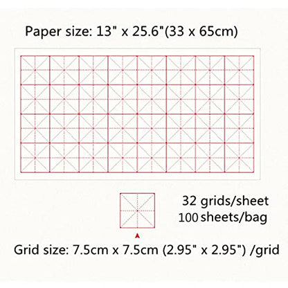 MEGREZ Grid Xuan Paper Chinese Sumi Calligraphy Writing Practice Rice Paper | 7.5cm grid, 100 sheets, half raw ripe xuan rice paper, good ink absorption, beginner student kanji calligraphy practice - size: 7.5 cm/Grid