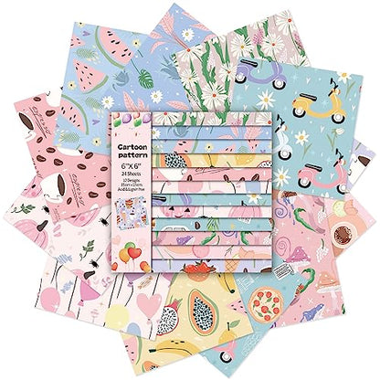 Scrapbook Paper, 24 Sheets 6"×6" 160gsm Single-Sided Patterned Cardstock - color: 24 sheets-cartoon