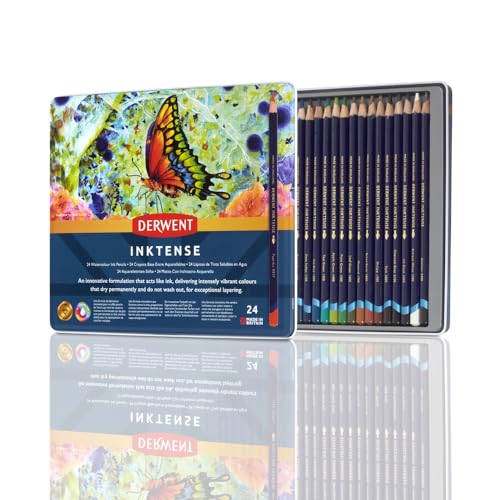 Derwent Inktense Pencils Tin, Set of 24, Great for Holiday Gifts, 4mm Round Core, Firm Texture, Watersoluble, Ideal for Watercolor, Drawing, Coloring and Painting on Paper and Fabric (0700929) - size: 24 Count (Pack of 1)