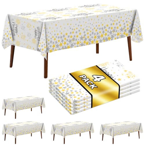 4 Pack New Year Tablecloth Disposable Plastic Happy New Year Tablecloth Rectangle Table Cover for 2026 New Years Eve Party Decoration Supplies 54 x 108 Inches (Happy New Year White) - color: Happy New Year White