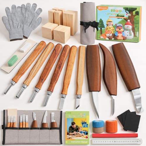 Housolution Wood Carving Kit with Carrying Bag, 30PCS Wood Carving Tools | Whittling Kit Includes Carving Knives Carving Chisels Basswood Blocks Gloves, Woodworking Tools for Beginners DIY Hobbies