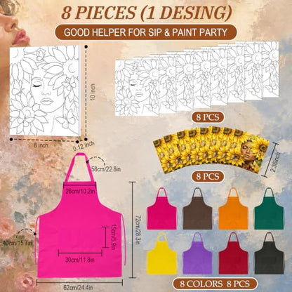 Cholemy 8 Set Paint and Sip Kit for Adults 8'' x 10'' Pre Drawn Canvas with Wooden Easels Acrylic Paint Brushes Wash Cup Palette Apron for Painting DIY Date Night Party Supplies(Sunflower Woman) - style: Sunflower Woman