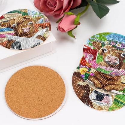 8 Pcs Diamond Art Painting Coasters with Holder, DIY Highland Cow Flower Diamond Art Coasters for Drinks Diamond Art Painting Kits for Beginners, Diamond Craft Supplies for Adults - color: Highland Cow