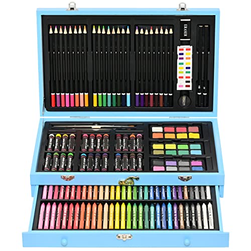 Sunnyglade 145 Piece Deluxe Art Set Wooden Art Box & Drawing Kit Blue - color: Blue