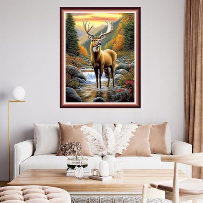 Fanxvivy Stamped Cross Stitch Kits for Beginners Full Range of Cross Stitching Preprinted Embroidery Kits for Adults, 11CT Embroidery Pattern Needlepoint Kits-Early Morning elk 16x20 inch - color: Artdesign09