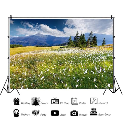 7x5ft Vinyl Summer Landscape Backdrops for Photography Background Blooming Flower Mountain Landscape Grass Field Vacation Holiday Party Backdrop Children Adults Portraits Photo Studio - size: 7x5ft