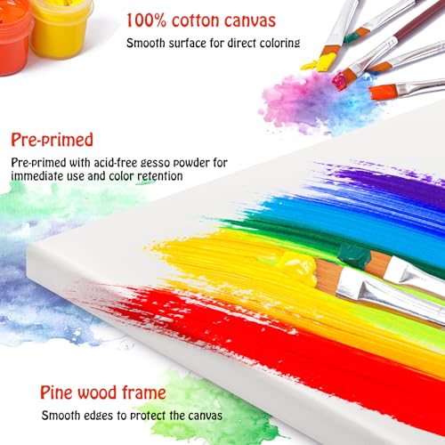 Stretched Canvas - 4x4, 5x7, 8x10, 9x12, 11x14 and Round Canvas 8x8, 10x10 (2 of Each) Total 14 Canvas Pack - 100% Cotton Blank Canvases for Oils Acrylics and Pouring - size: 14 Packs -7 Sizes (2 of Each)