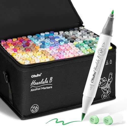 Ohuhu Alcohol Markers 216 Colors Brush& Fine for Adults Coloring Refillable - style: Brush & Fine