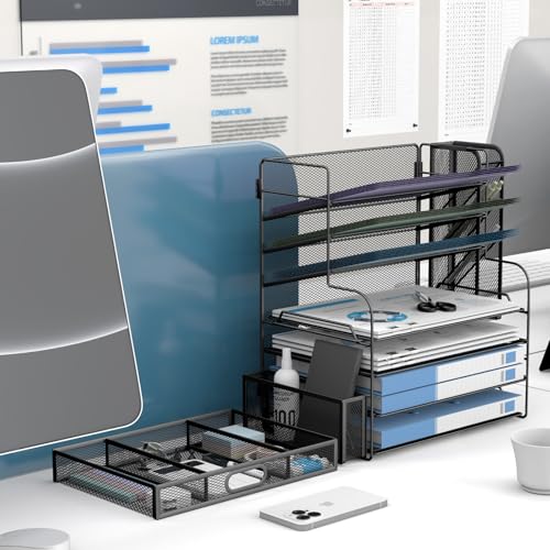 7 Tier Desk File Organizer Office storage Desk Accessories, Desktop Organizer for Office Supplies with Drawer and 2 Pen Holders (Black)