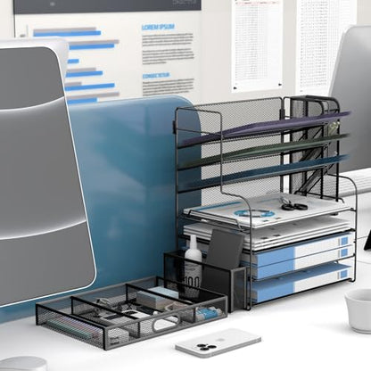 7 Tier Desk File Organizer Office storage Desk Accessories, Desktop Organizer for Office Supplies with Drawer and 2 Pen Holders (Black)
