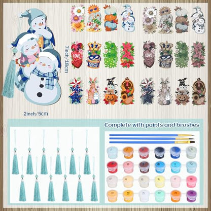 Kosiz 12 Pcs Festival Paint by Number Kit for Adult Wood Bookmark | Mini Paint by Numbers Kit, Painting Decor, Tiny Tassels Blank Bookmarks, for Small DIY Craft Book Lovers Gift 7x2 '' - style: Festival