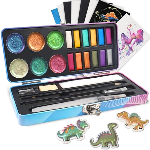 Watercolor Paint Set, 18 Colors Glitter Watercolor Paint Kit (12 Metallic & 6 Chameleon), Portable Travel Set with Water Brush Pen, Pencil, Eraser, Paper - Ideal for Drawing and Art Supplies, Adults, Beginners - color: 18 colors
