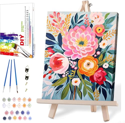 Flowers Paint by Numbers for Adults with Framed Canvas,Paint by Numbers Kits with Wooden Easel Drawing Paintwork,DIY Acrylic Oil Painting Kits with Brushes Gift Box for Home Wall Decor(12x16 Inch) - color: DKH212